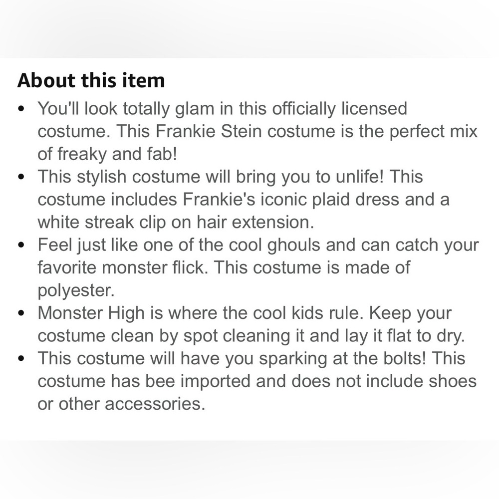 Spirit Halloween Kids Monster High Frankie Stein Costume Child Medium 8-10 - Picture 14 of 14
